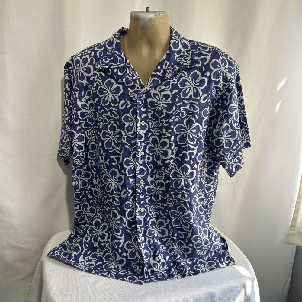 Polo Ralph Lauren Blue Caldwell Floral Linen Blend Loop Collar Hawaiian Sz Large